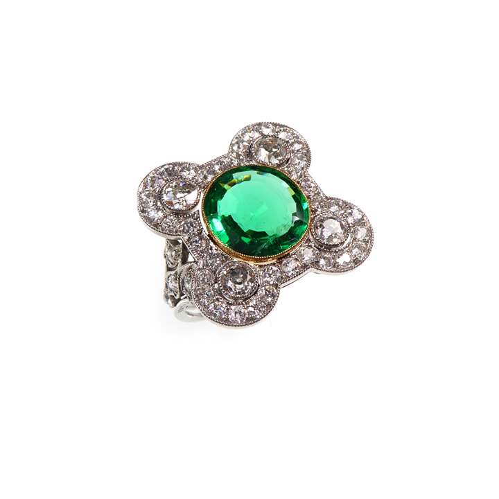 Art Deco emerald and diamond quatrelobe cluster ring